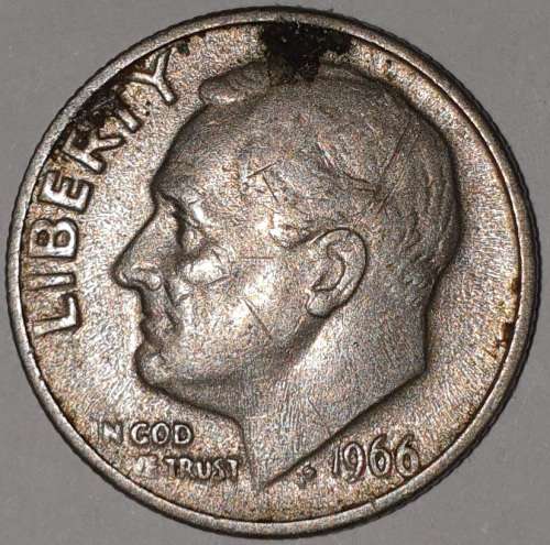 1966 - DIME - USA - ROOSEVELT - `STRUCK THROUGH GREASE` ERROR